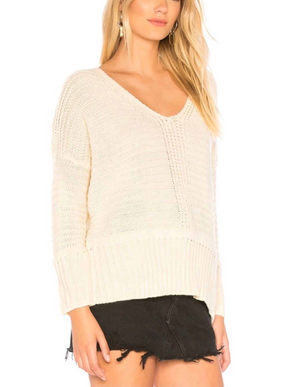 MAJORELLE Pointelle Boxy V Neck Sweater Ivory Cream Neutral XS Pretty Revolve